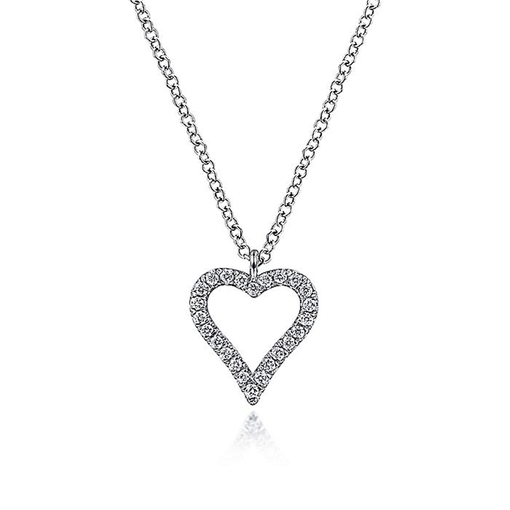 14K White Gold Pavé Diamond Open Heart Pendant Round