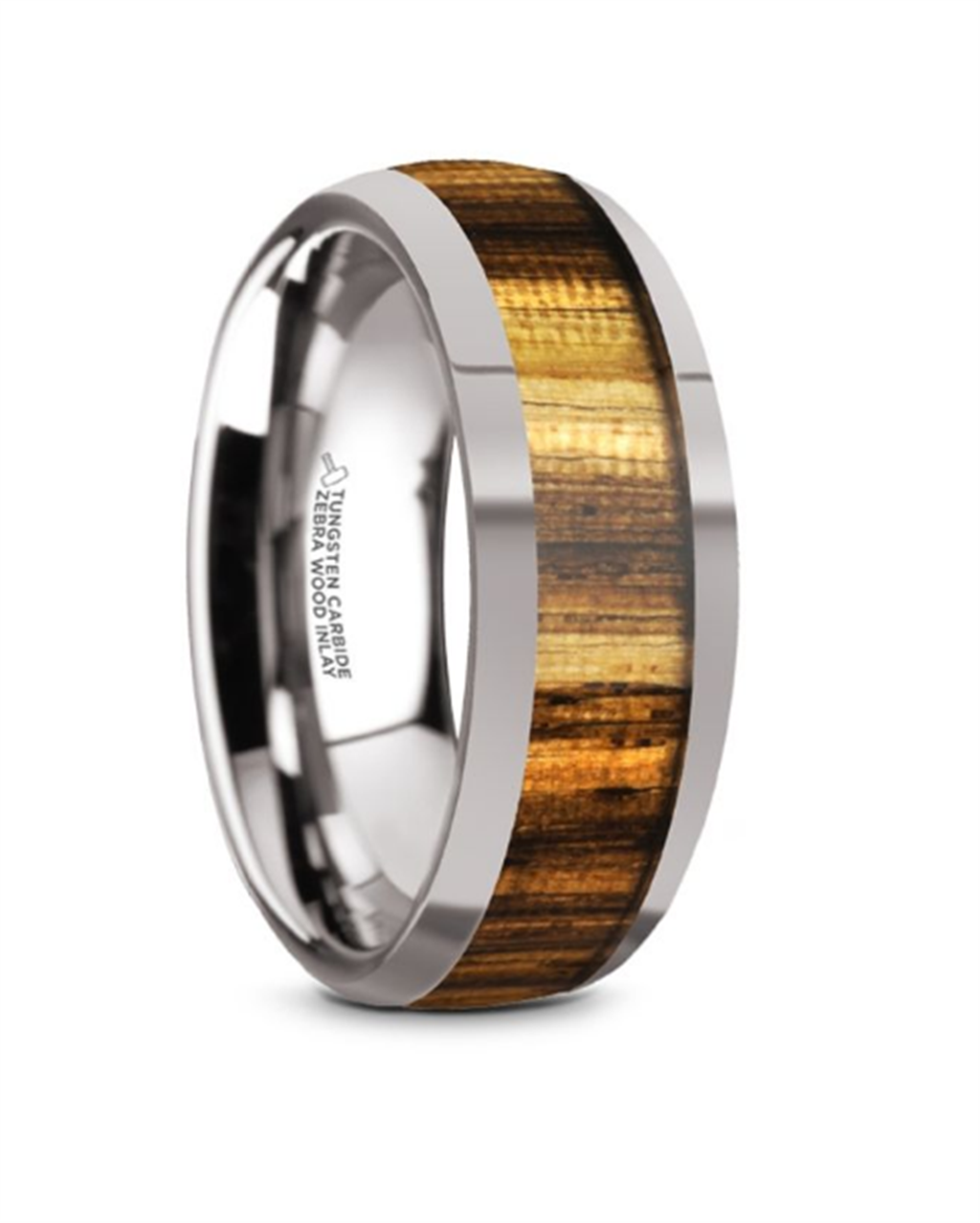 Tungsten Carbide 'Tigre' 8mm Zebra Wood Inlaid Domed Wedding Band