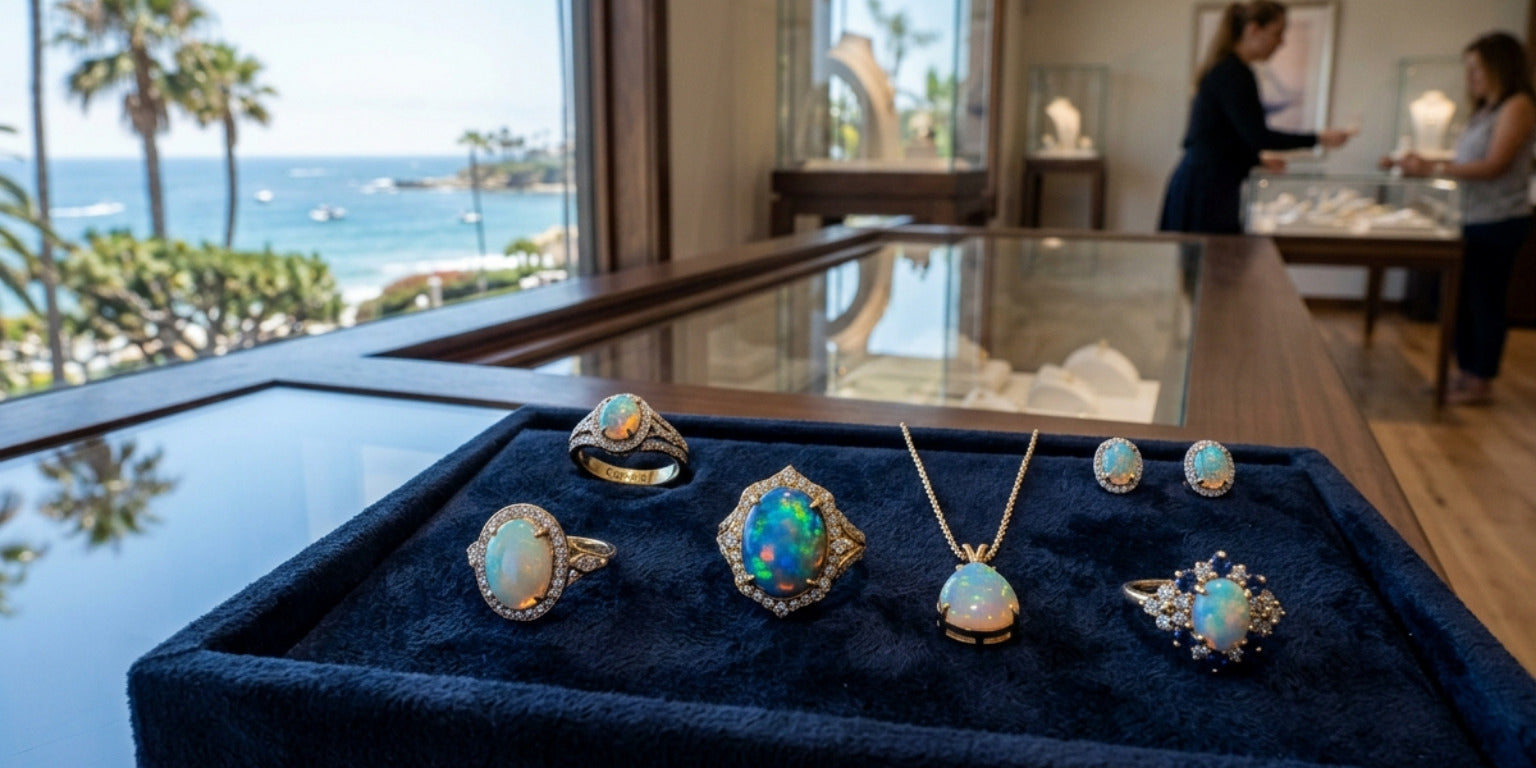 Six pieces of opal jewelry sitting on a tray near a window in a jewelry store. 