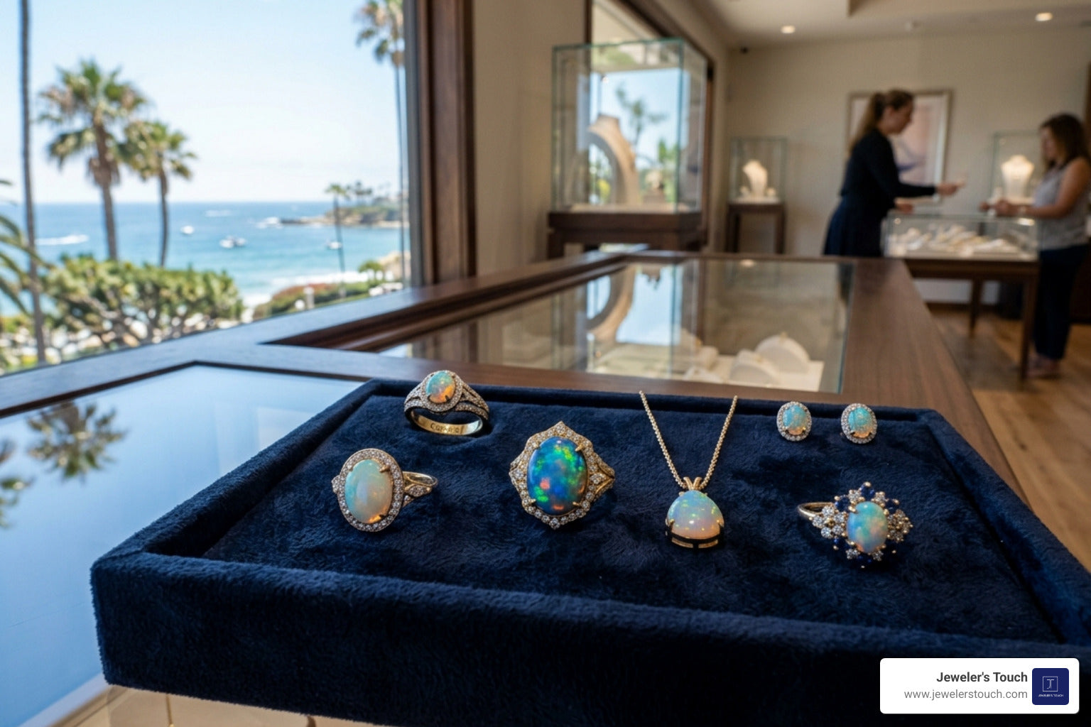 Six pieces of opal jewelry sitting on a tray near a window in a jewelry store. 