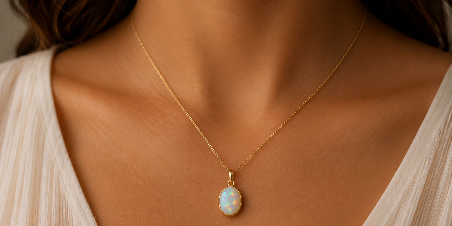 Close up image of a woman wearing an opal necklace with a yellow gold chain