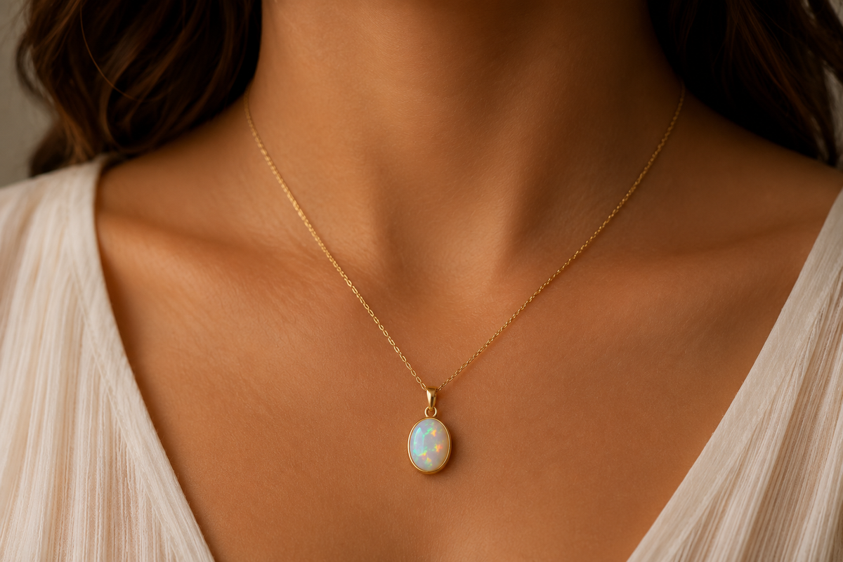 Close up image of a woman wearing an opal necklace with a yellow gold chain