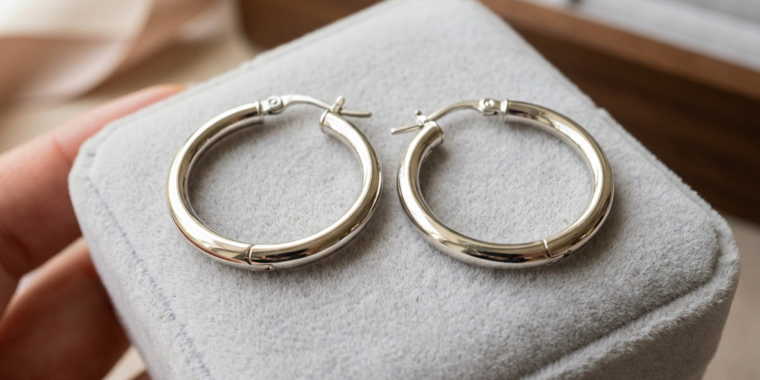 2 white gold hollow hoop earrings laying on the top of a velvet jewelry box
