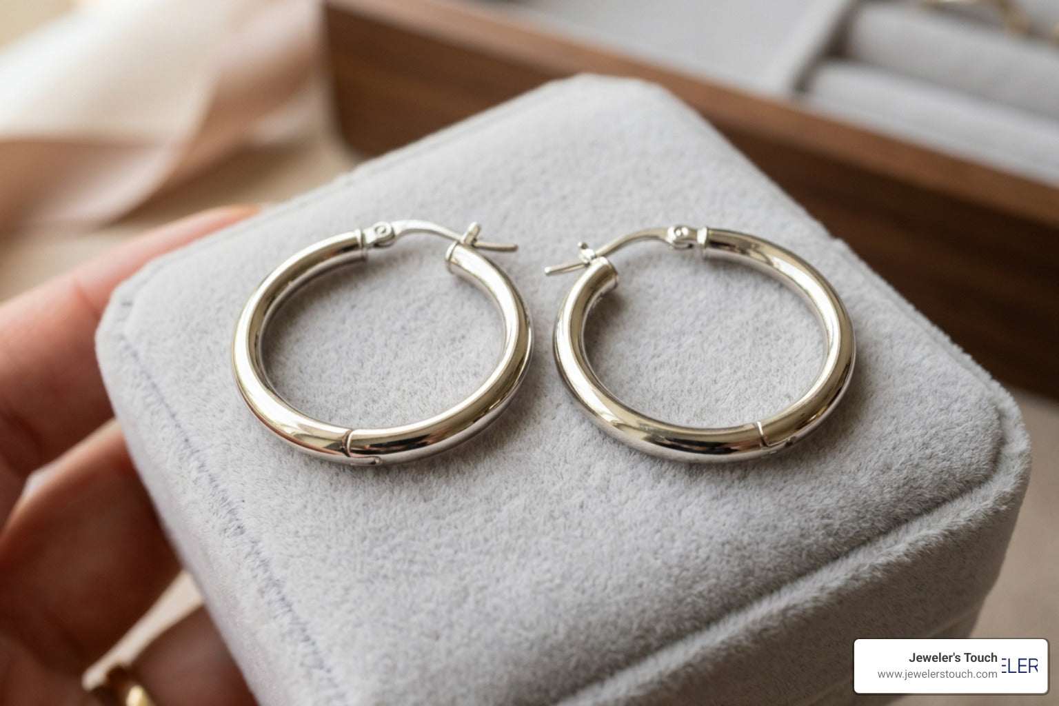 2 white gold hollow hoop earrings laying on the top of a velvet jewelry box