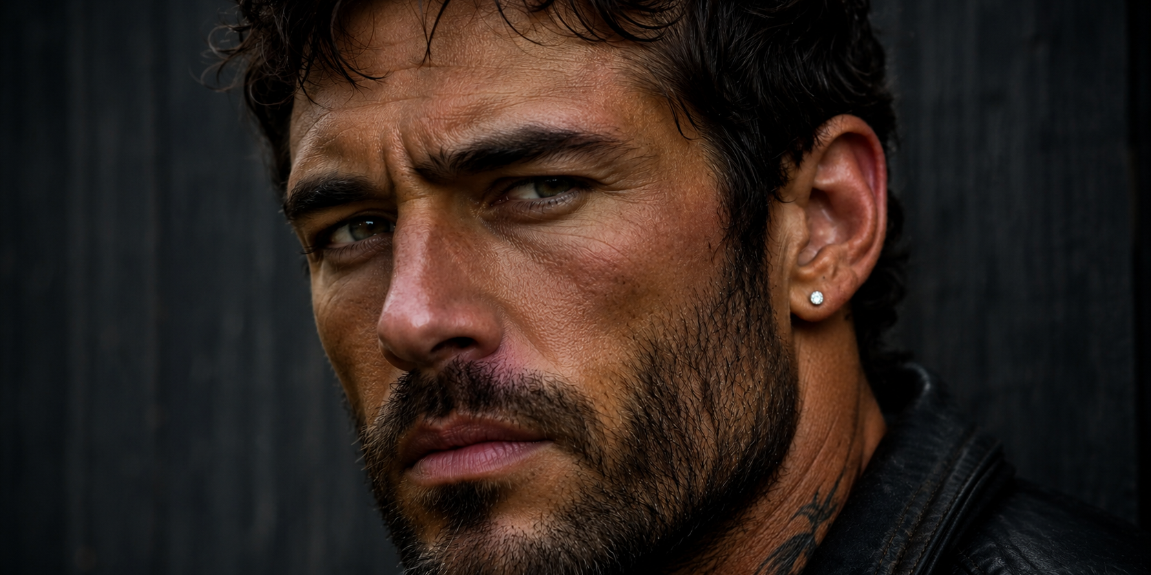 Rugged man's face with a diamond stud earring