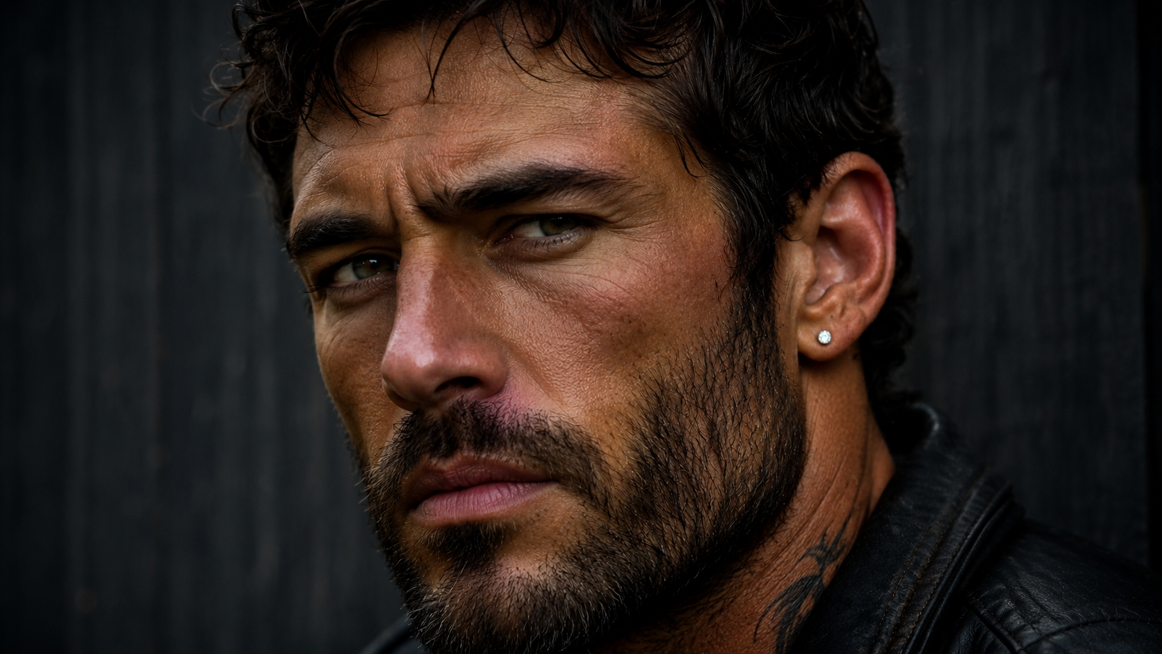 Rugged man's face with a diamond stud earring