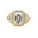 18K Yellow Gold Three Stone Halo Emerald Cut Diamond Engagement Ring