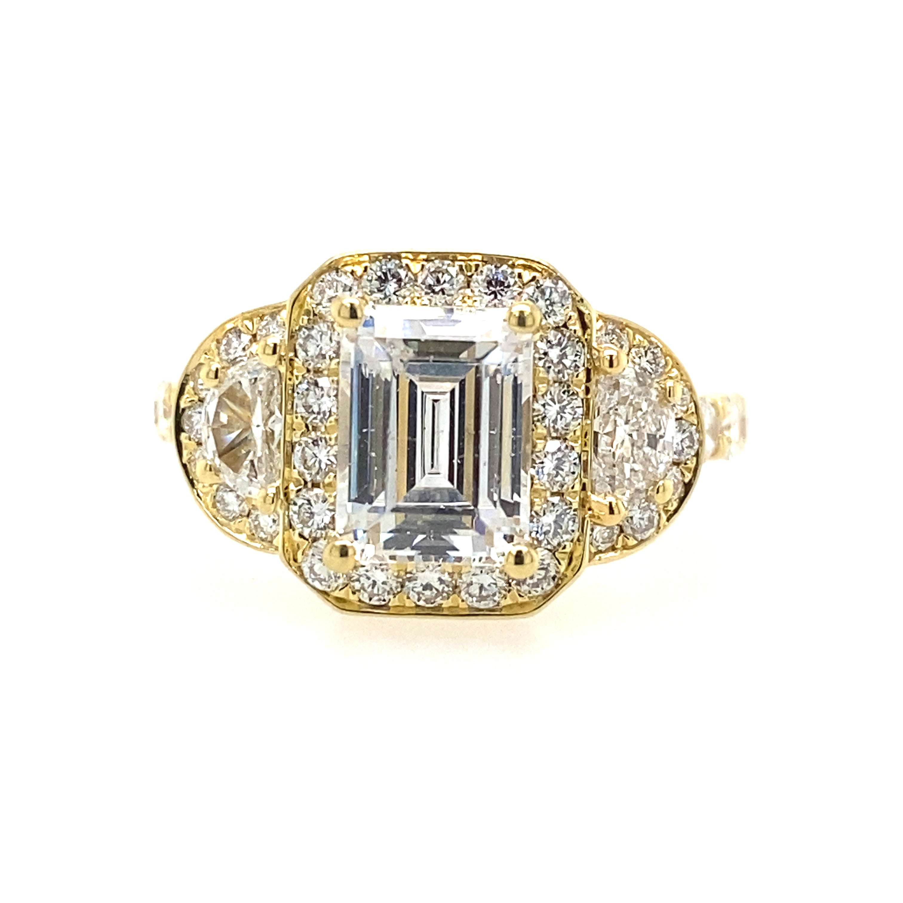 18K Yellow Gold Three Stone Halo Emerald Cut Diamond Engagement Ring