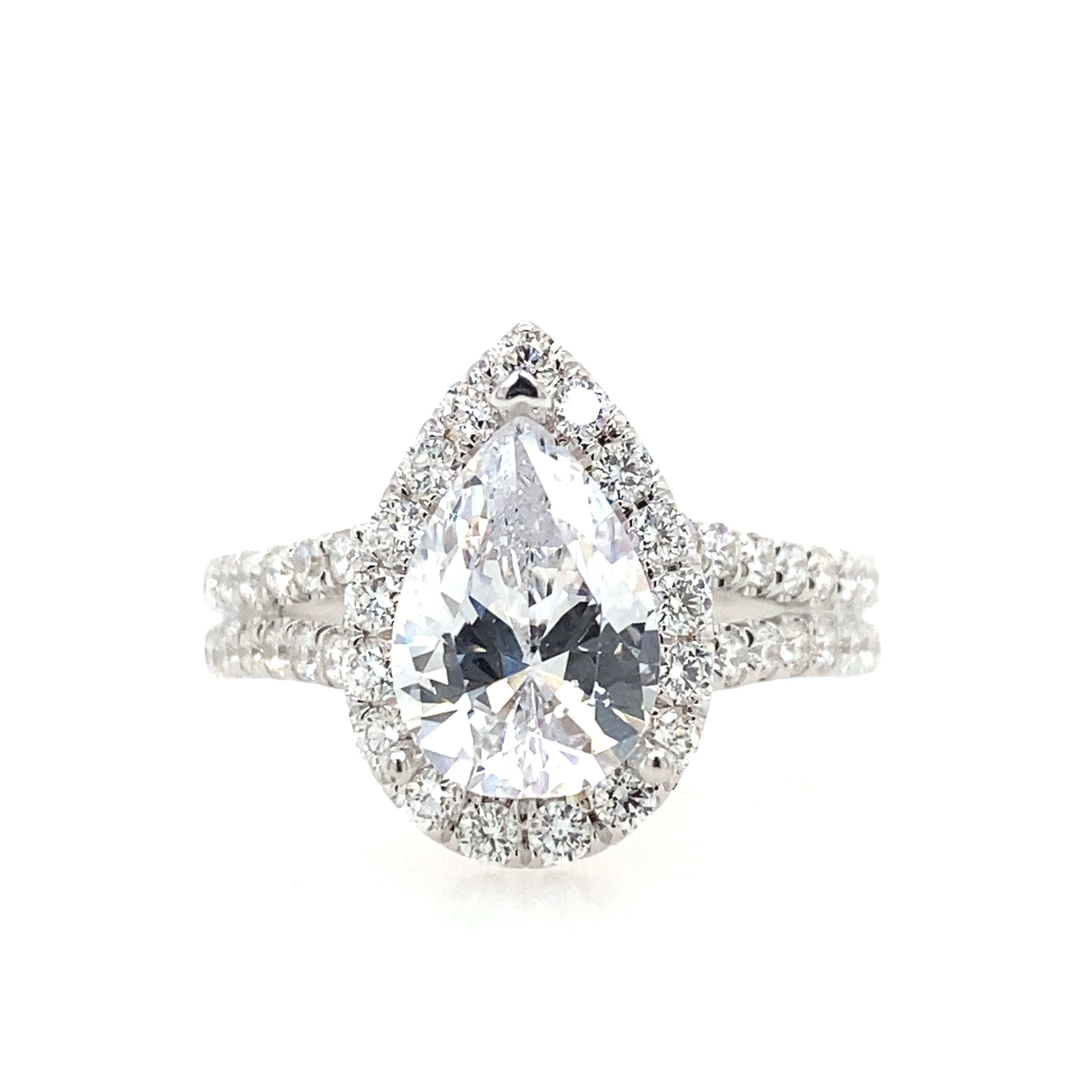 18K White Gold Split Shank Halo Pear Diamond Engagement Ring