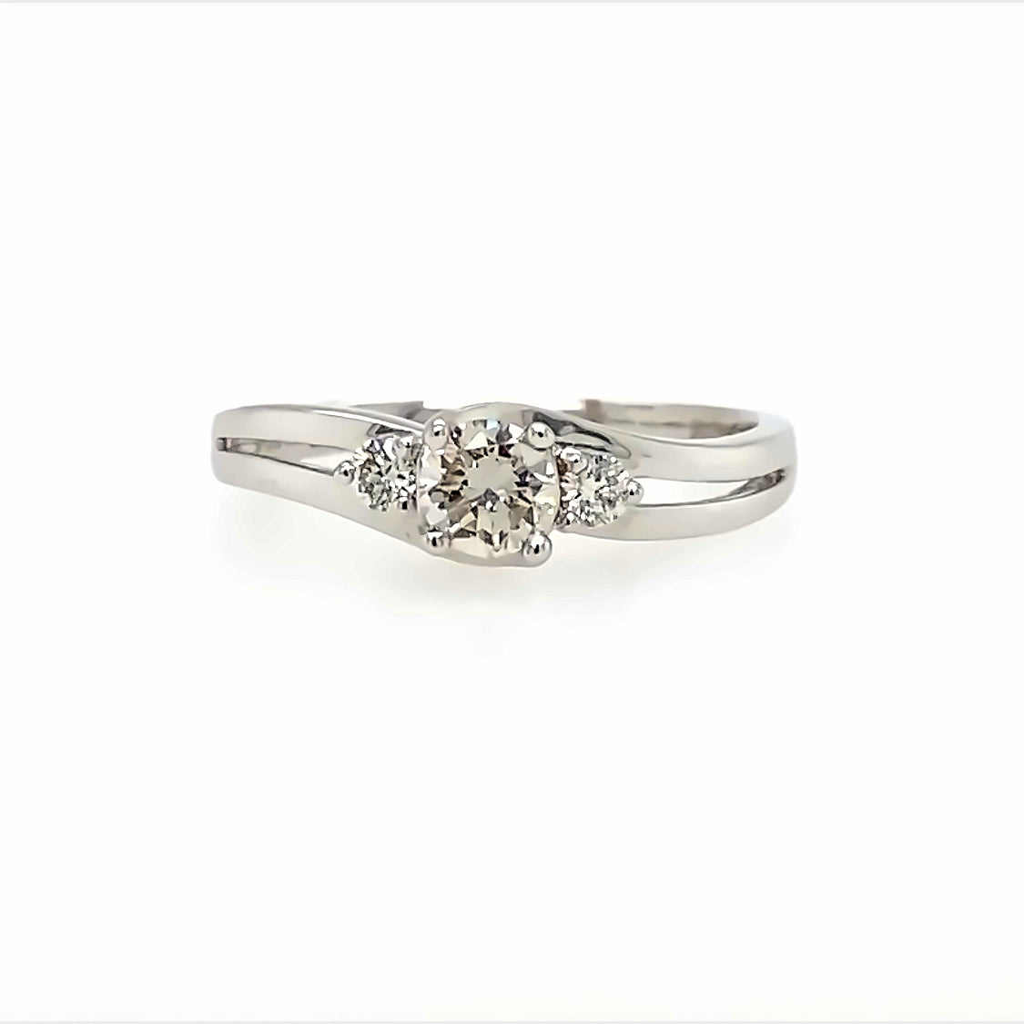 18K White Gold Three Stone Split Shank Diamond Engagement Ring With Round Center Diamond Included