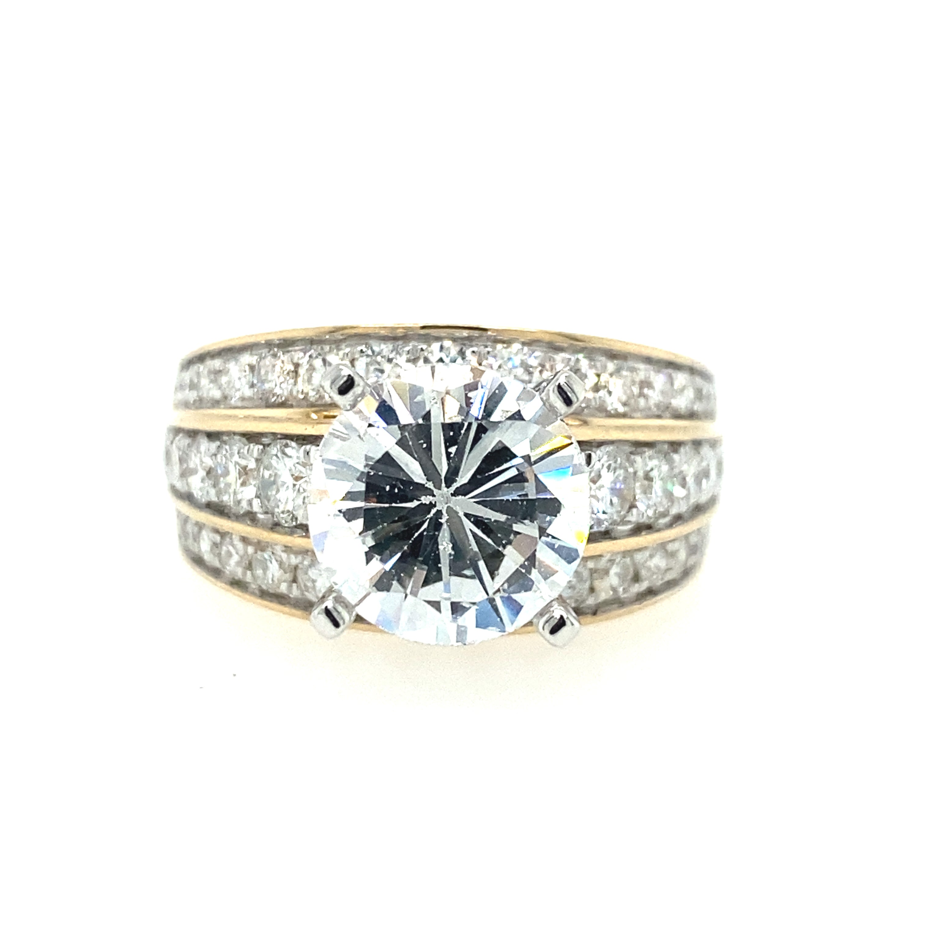 14K Yellow Gold Three Row Wide Diamond Engagement Ring