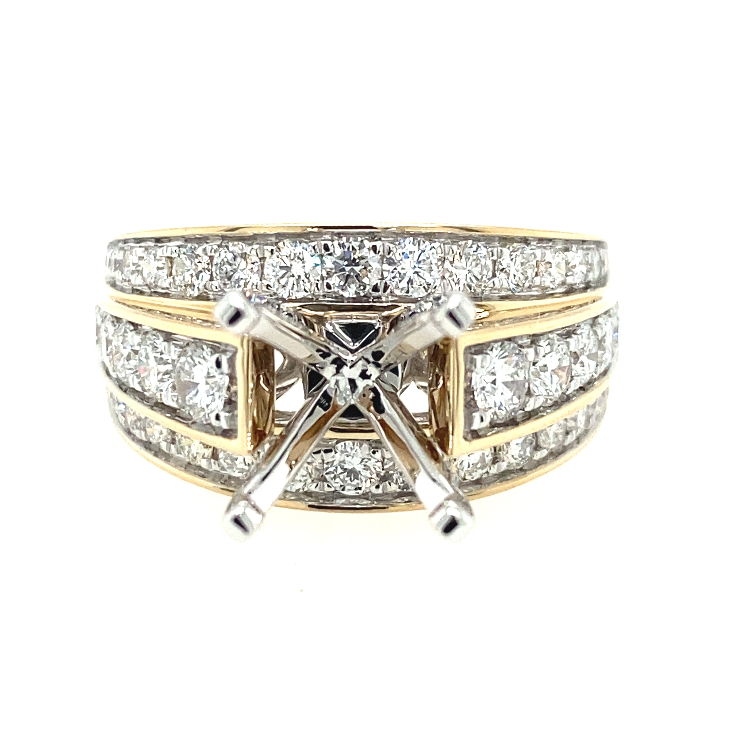 14K Yellow Gold Three Row Wide Diamond Engagement Ring