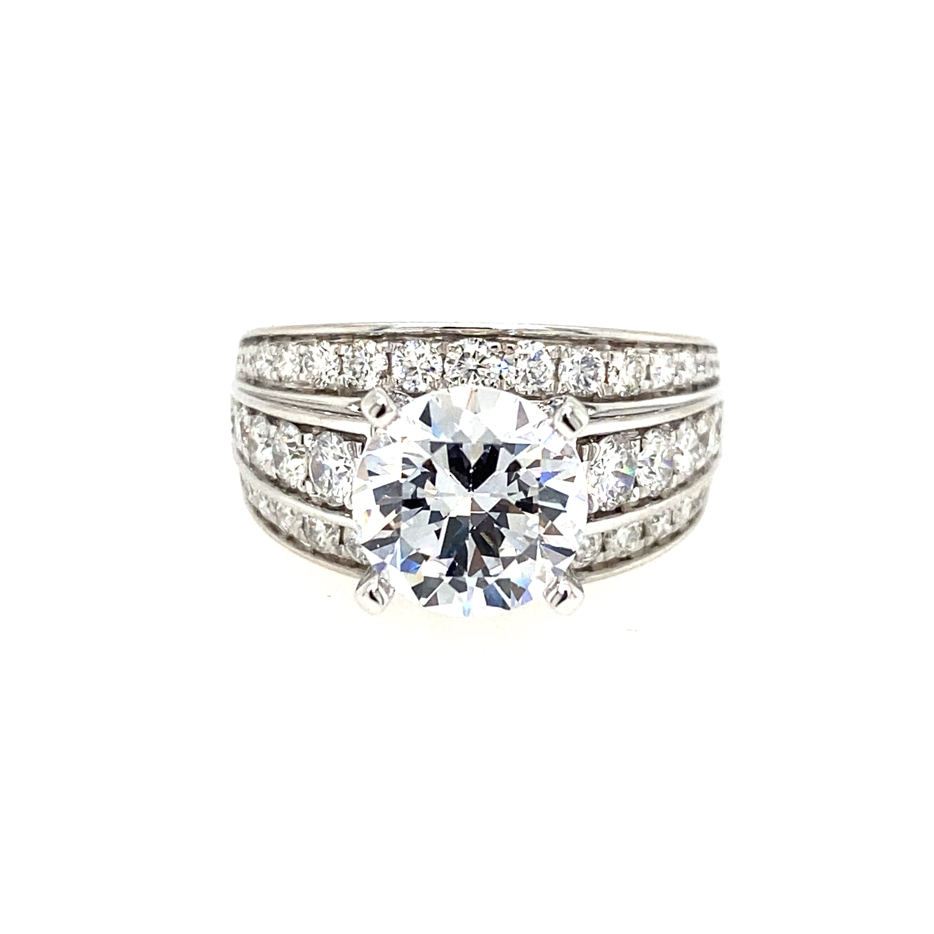 14K White Gold Three Row Wide Band Diamond Engagement Ring