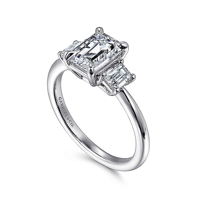 14K White Gold Stephi Three Stone Emerald Cut Diamond Engagement Ring