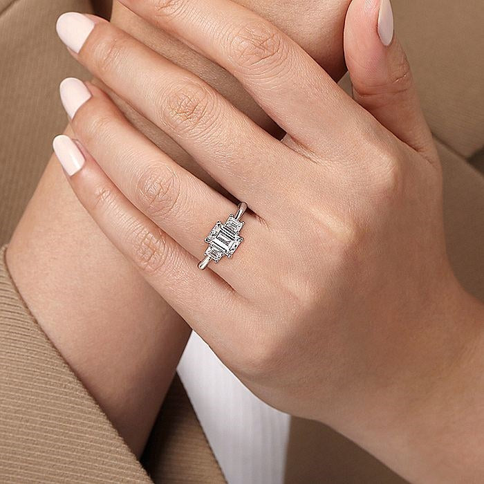 14K White Gold Stephi Three Stone Emerald Cut Diamond Engagement Ring