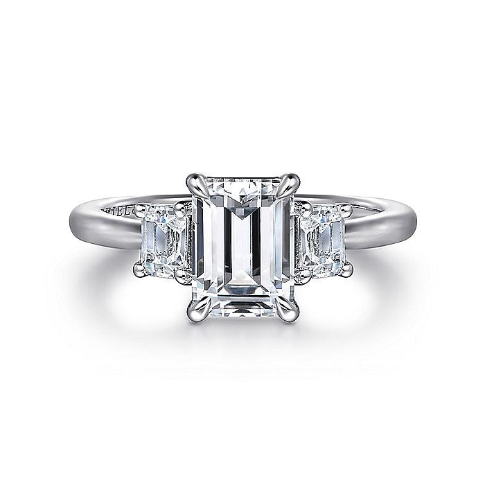 14K White Gold Stephi Three Stone Emerald Cut Diamond Engagement Ring