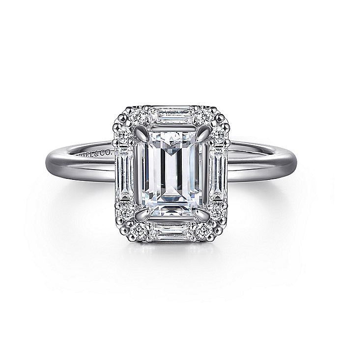 14K White Gold Cammie Halo Emerald Cut Diamond Engagement Ring