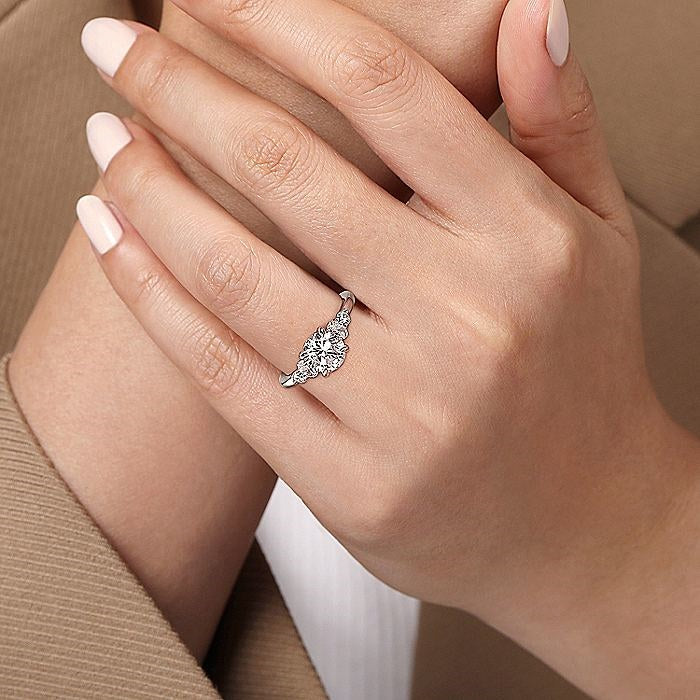 14K White Gold Wave Five Stone Round Diamond Engagement Ring
