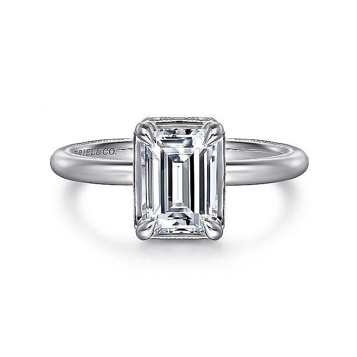 14K White Gold Catallina Emerald Cut Halo Diamond Engagement Ring