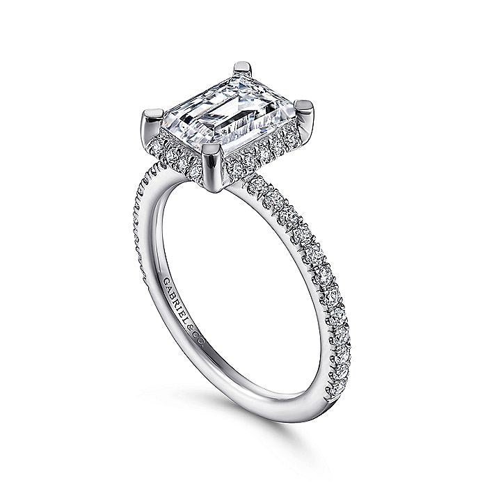 14K White Gold Hart Hidden Halo Emerald Cut Diamond Engagement Ring