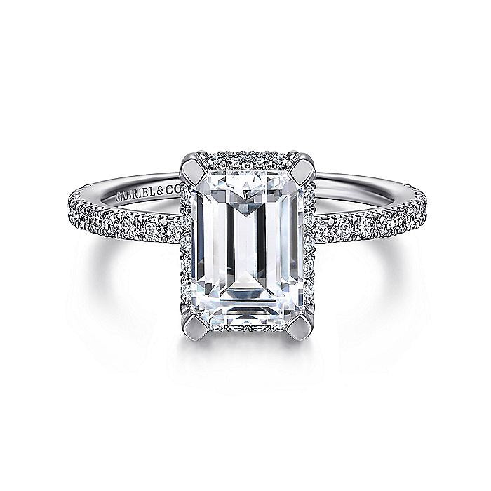 14K White Gold Hart Hidden Halo Emerald Cut Diamond Engagement Ring
