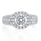 14K White Gold Triple Split Shank Halo Round Cut Diamond Engagement Ring