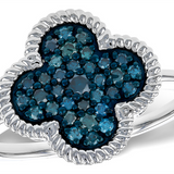 14K White Gold Clover Blue Natural Diamonds Ring