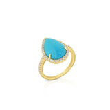 18K Yellow Gold Pear Cabochon Turquoise Halo Ring