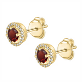 January Birthstone Earrings: 14K Yellow Gold Diamond Halo Garnet Earrings