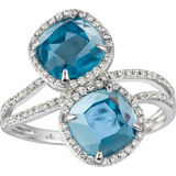 14K White Gold Cushion Blue Topazes And Diamond Toi Et Moi Ring