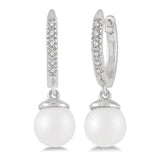 10K White Gold Pearl And Diamond Huggie Drop Earrings