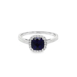 September Birthstone Sterling Silver Checkerboard Cushion Created Sapphire Halo Ring