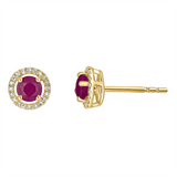 July Birthstone Earrings: 14K Yellow Gold Diamond Halo Stud Ruby Earrings