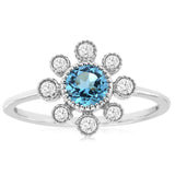 14K White Gold Round Blue Topaz Flower Ring