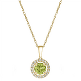 August Birthstone Pendant: 14K Yellow Gold Diamond And Peridot Halo Pendant Necklace