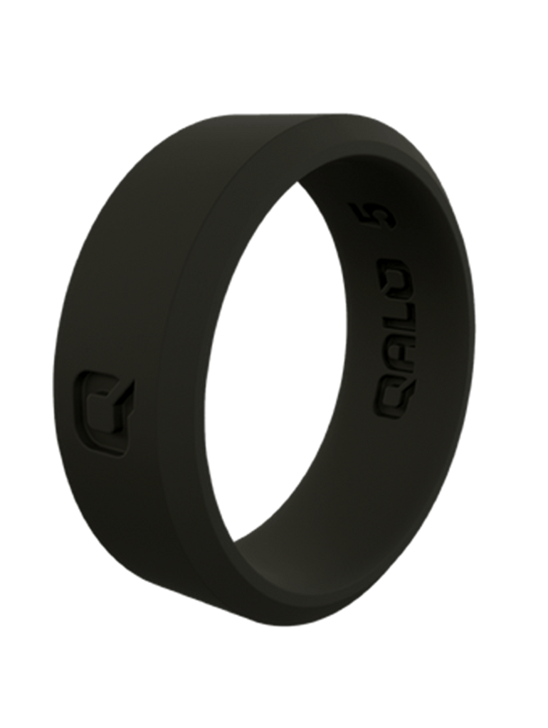A black silicone ring with a logo on it.