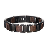 Stainless Steel Black IP With Walnut Wood and Fold Over Clasp Bracelet Link Bracelet