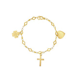 JT ESTATE 14K Yellow Gold Clover Cross And Heart Charm Bracelet