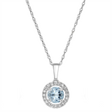 March Birthstone Pendant: 14K White Gold Diamond And Aquamarine Halo Pendant Necklace