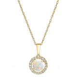October Birthstone Pendant: 14K Yellow Gold Diamond And Opal Halo Pendant Necklace