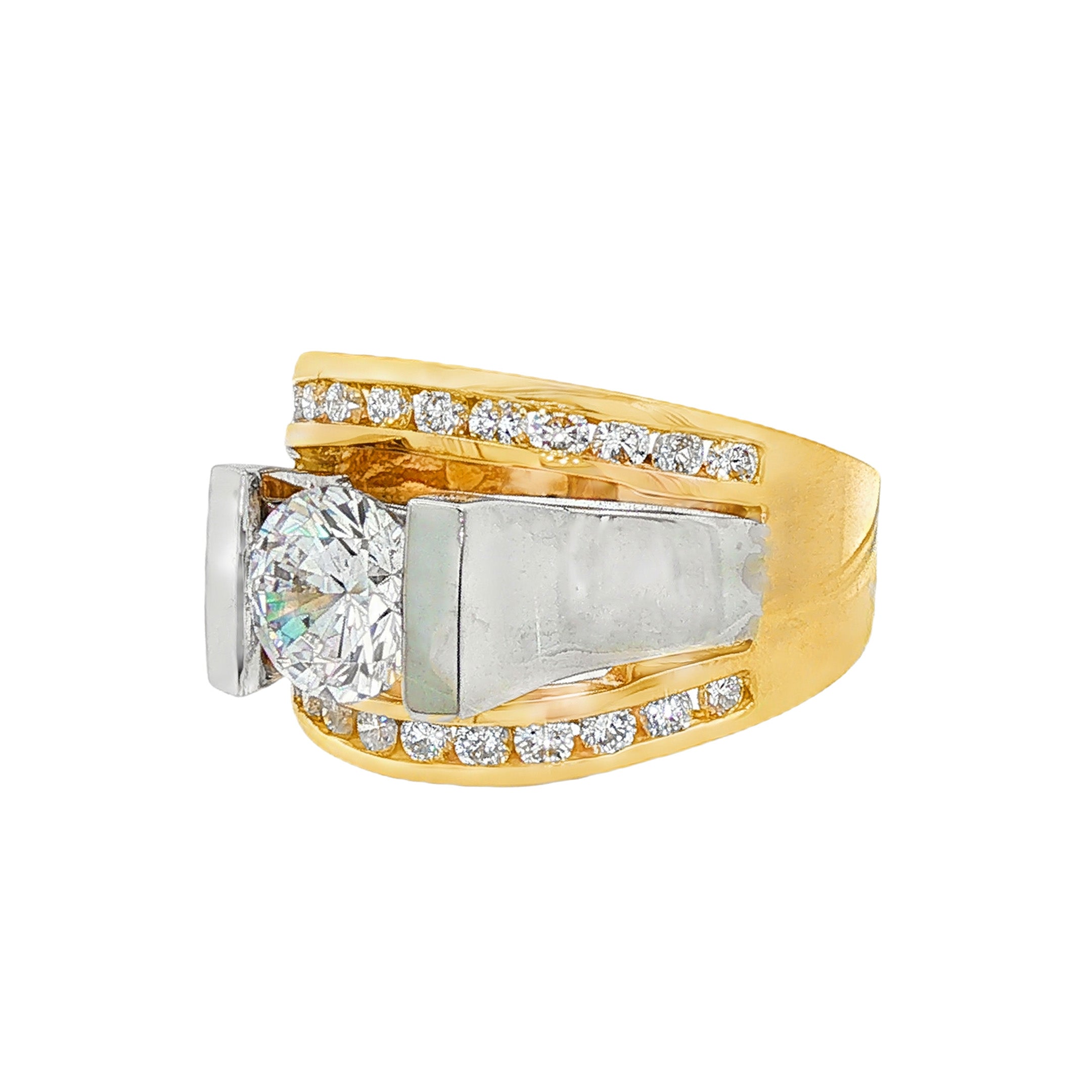 14K White And Yellow Gold Contemporary Round Diamond Engagement Ring