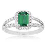 14K White Gold Emerald Cut Emerald Halo Ring