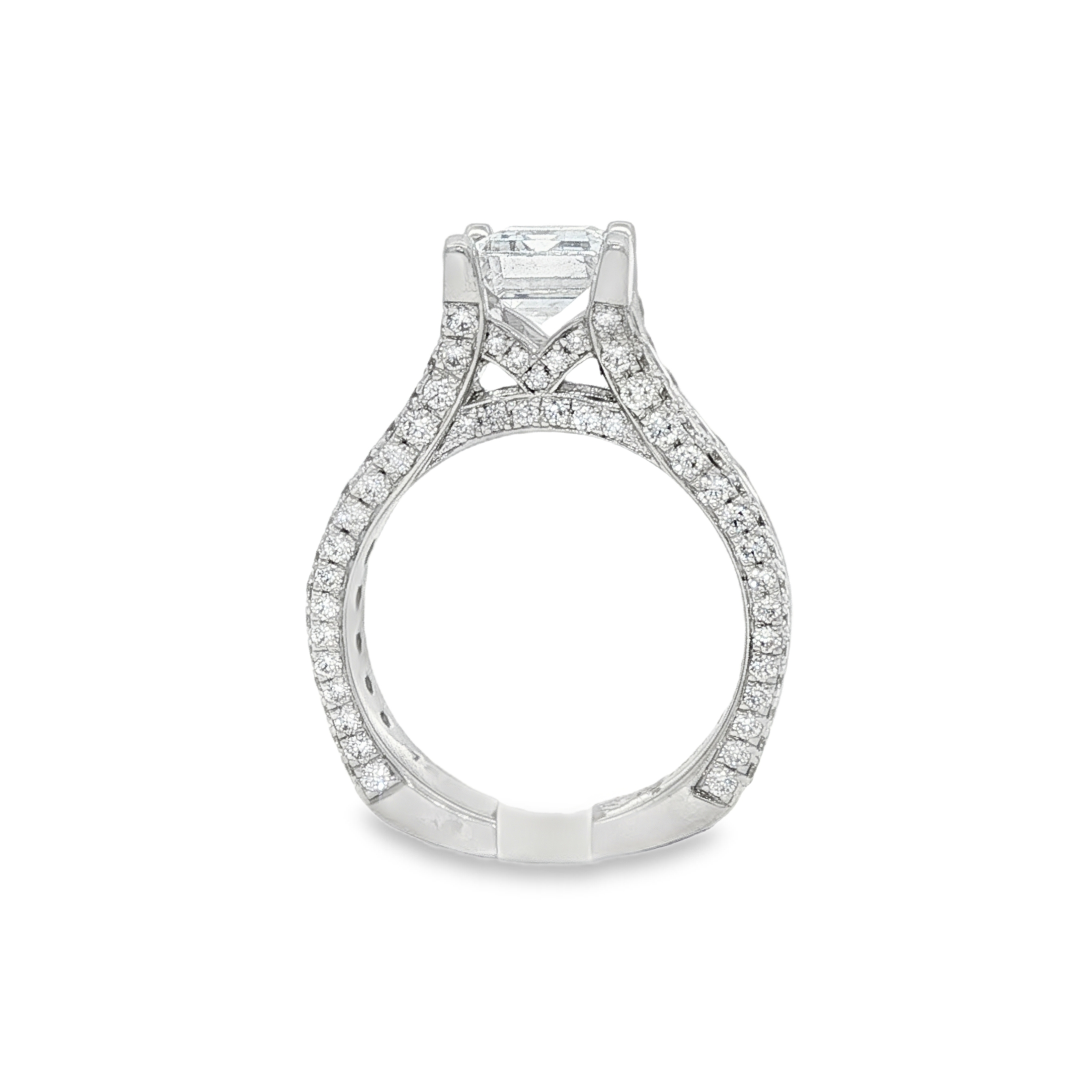 18K White Gold Wide Band Emerald Cut Diamond Engagement Ring