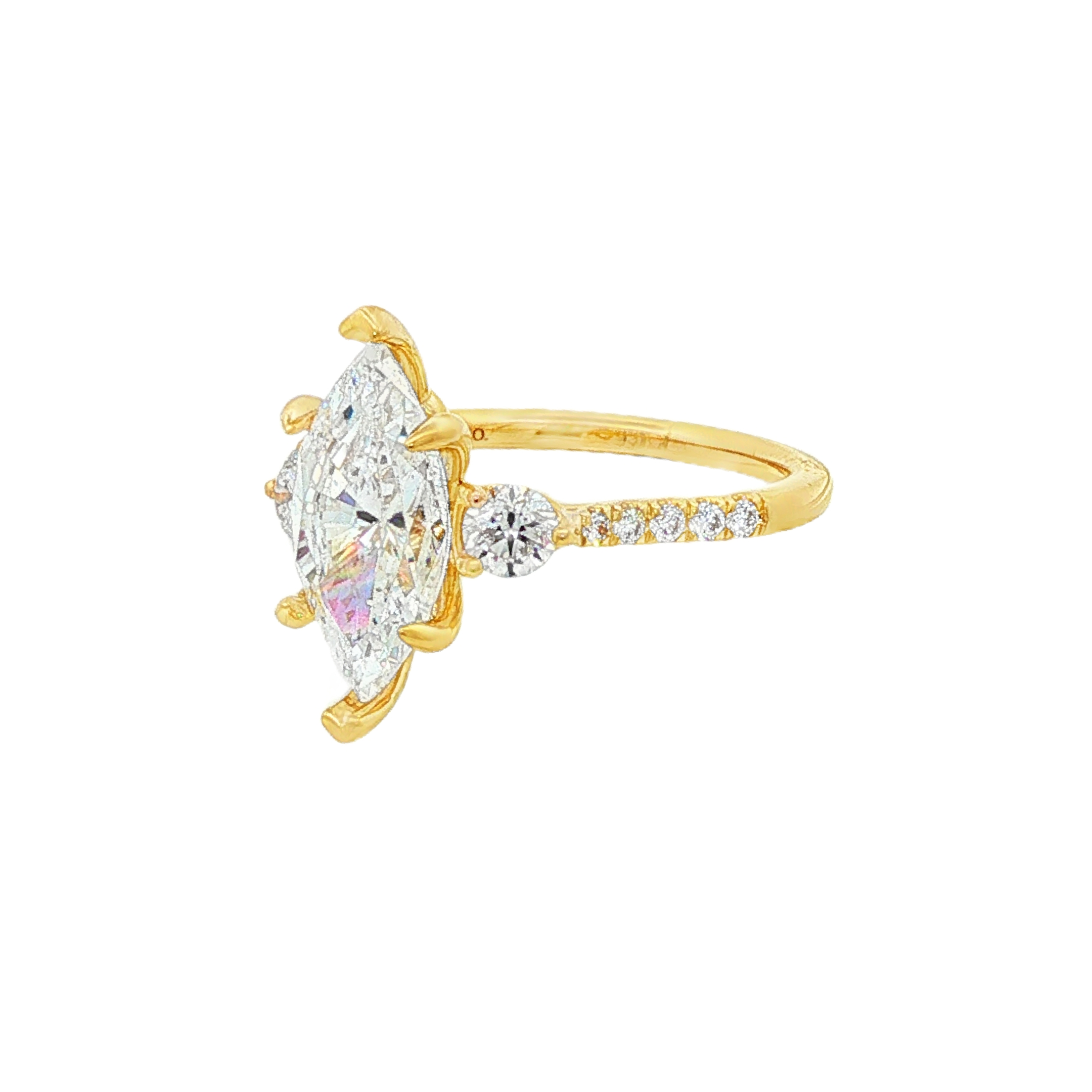 14K Yellow Gold Moon Three Stone Marquise Natural Diamonds Engagement Ring
