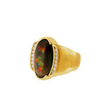 JT ESTATE 14K Yellow Gold Fire Agate And Diamond Cocktail Ring