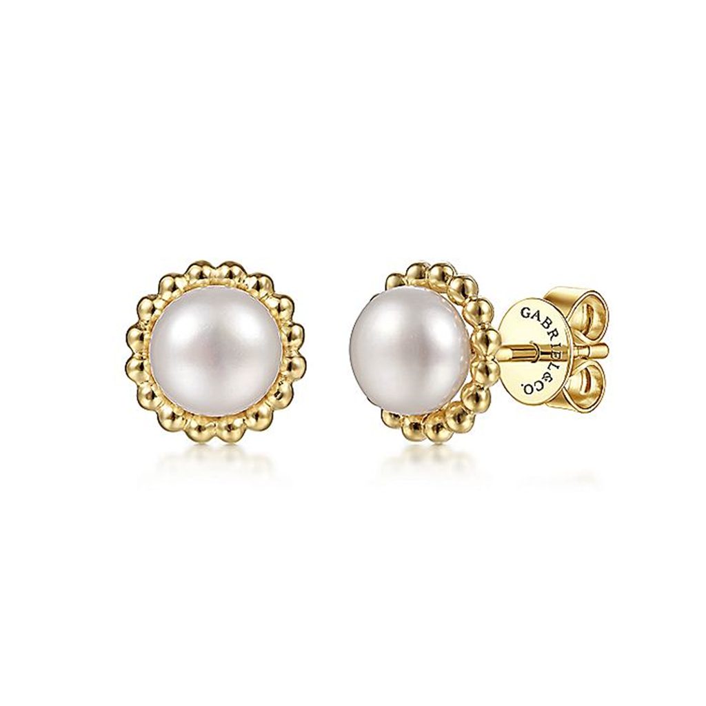 14K Yellow Gold Pearl With Beaded Frame Stud Earrings