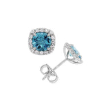 December Birthstone Sterling Silver Checkerboard Cushion Blue Topaz Halo Earrings