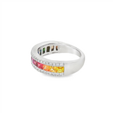 14K White Gold Princess Rainbow Sapphires Band Ring