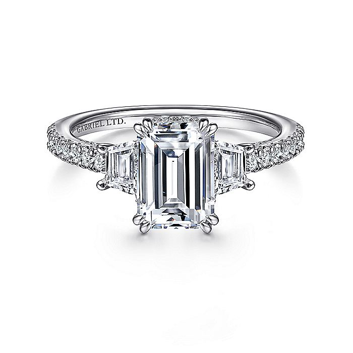 18K White Gold Willow Three Stone Emerald Cut Diamond Engagement Ring