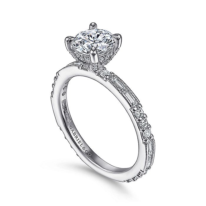 14K White Gold Luca Art Deco Inspired Hidden Halo Round Diamond Engagement Ring